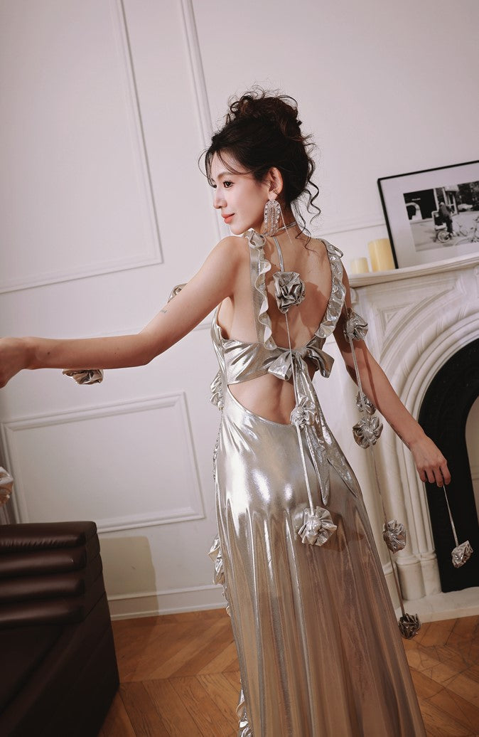 DOLLY Elegant Retro Sliver Gold Deep V-Neck Sleeveless Flower Long Cocktail Dress- Nisa