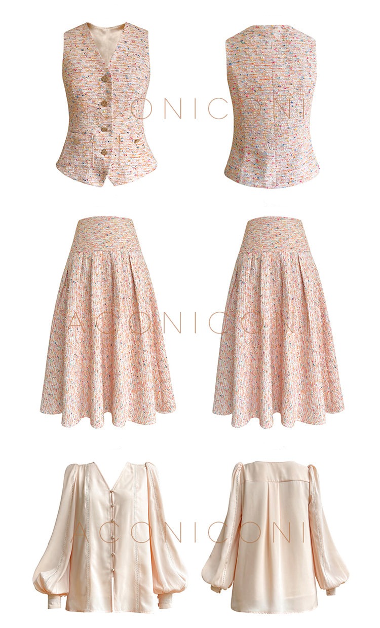Aconiconi| Tweed, high-end vest, shirt,, high-waisted skirt - Anabelle