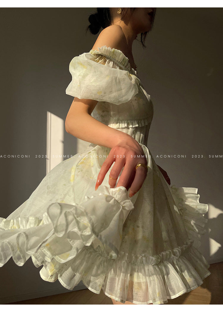 Aconiconi Luxury Off White floral print Puff Sleeve French cottaage bridal Dress- Yurui Chuning