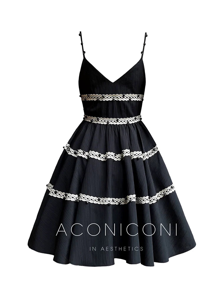 Aconiconi Elegant Black V-Neck Sleeveless Midi Tutu Chic Dress- Rainy Night in Paris