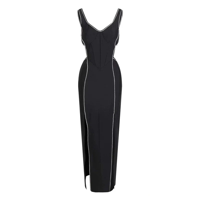 DOLLY Elegant Black V-Neck Sleeveless Waist Baring High Slit Long Cocktail Dress-IMELDA