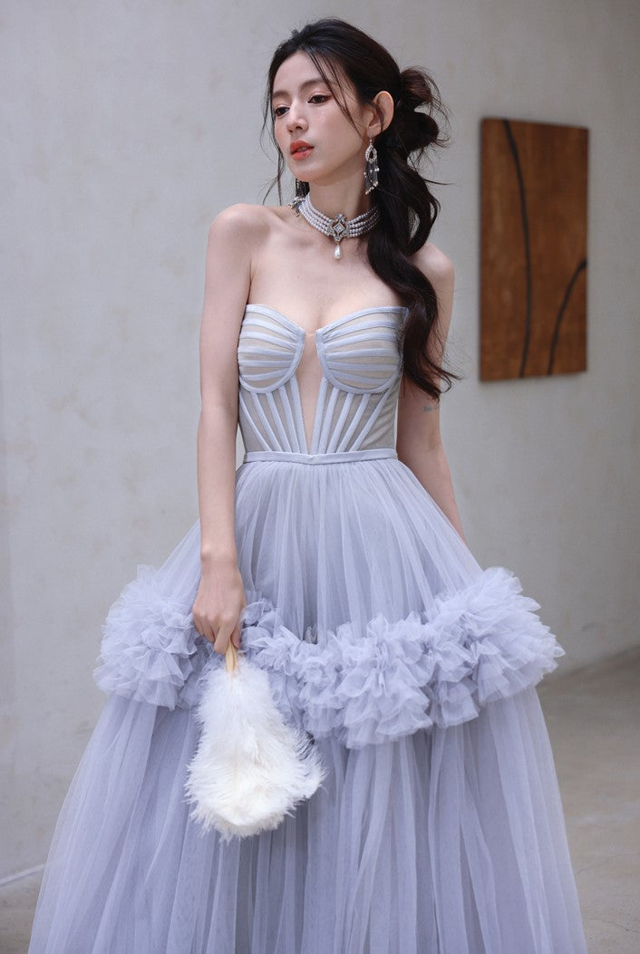 DOLLY Elegant Fog Blue strapless Bandeau High Waist Tutu wedding Dress- vero