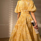 Aconiconi Elegant Yellow V-NeckPuff Sleeve Vacation Dress- Manshan