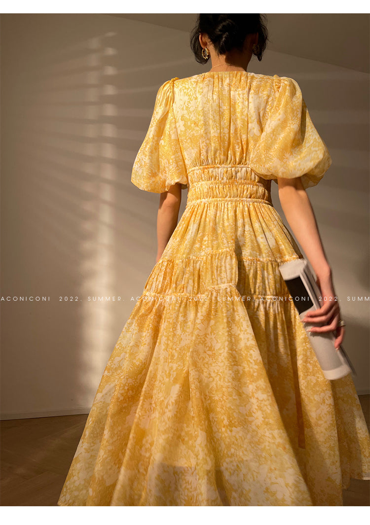 Aconiconi Elegant Yellow V-NeckPuff Sleeve Vacation Dress- Manshan