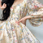 Aconiconi Elegant French Flower Print Puff Sleeve Loose Resort Dress-  Huatian Pear Cloud