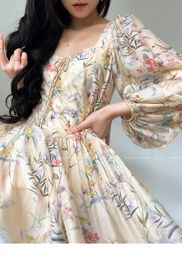 Aconiconi Elegant French Flower Print Puff Sleeve Loose Resort Dress-  Huatian Pear Cloud