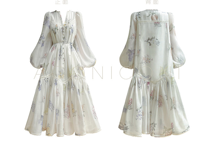 Aconiconi Elegant French Print V-Neck Puff Sleeve vacation Dress- Cloud Forest in the Flowers