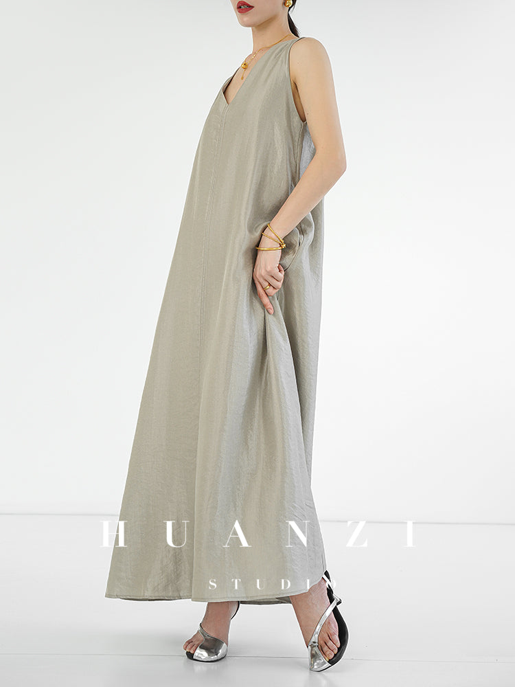 Huanzi custom high-end long sleeveless V-neck dress summer - Miel