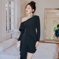 DOLLY Luxury Black Pleated One Shoulder Long Sleeve Irregular Midi Dress-RAIN