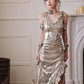 DOLLY Elegant Retro Sliver Gold Deep V-Neck Sleeveless Flower Long Cocktail Dress- Nisa