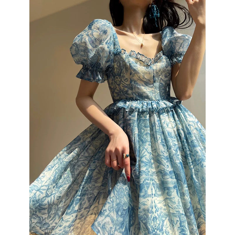 Aconiconi Elegant Blue French Print Short Princess Dress-  Blue Ocean Whisper