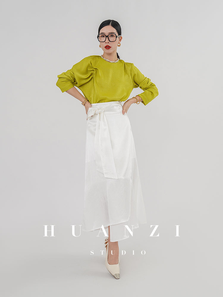 Huanzi silky satin pleated women's spring autumn long-sleeved top blouse - Aniy