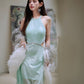 DOLLY Elegant Mint Sleeveless Slim Fit Halter Hollow Long Party Dress-Mint