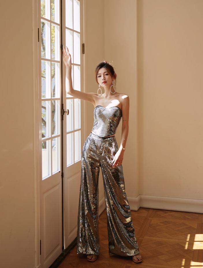 DOLLY Luxury strapless Sequin Top + Long Sequin High Waist Flare Pants suit setpantpa-THEA