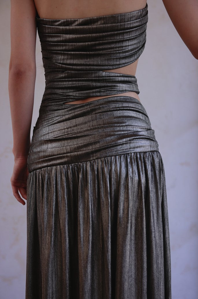 DOLLY Elegant Metallic Gray Skin Revealing Tube Top Long Dinner Dress-NIKITA