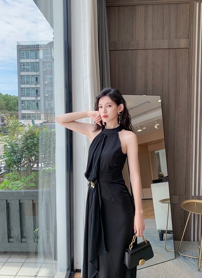 long chiffon dress black DOLLY Elegant Retro Style Black Sleeveless Halter Neck Long Chiffon Dress S / Black