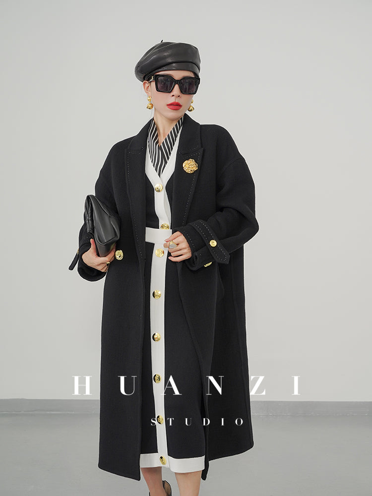 Huanzi tailoring couture minimalist double-sided cashmere wool tweed mid-length coat - Gaue