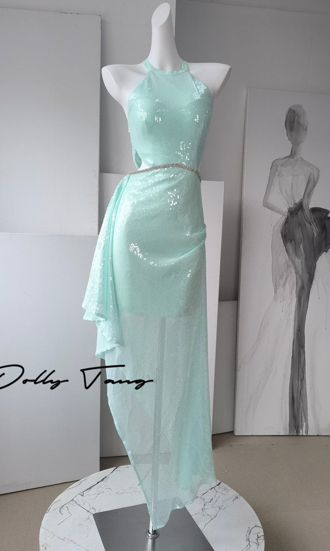 DOLLY Elegant Mint Sleeveless Slim Fit Halter Hollow Long Party Dress-Mint