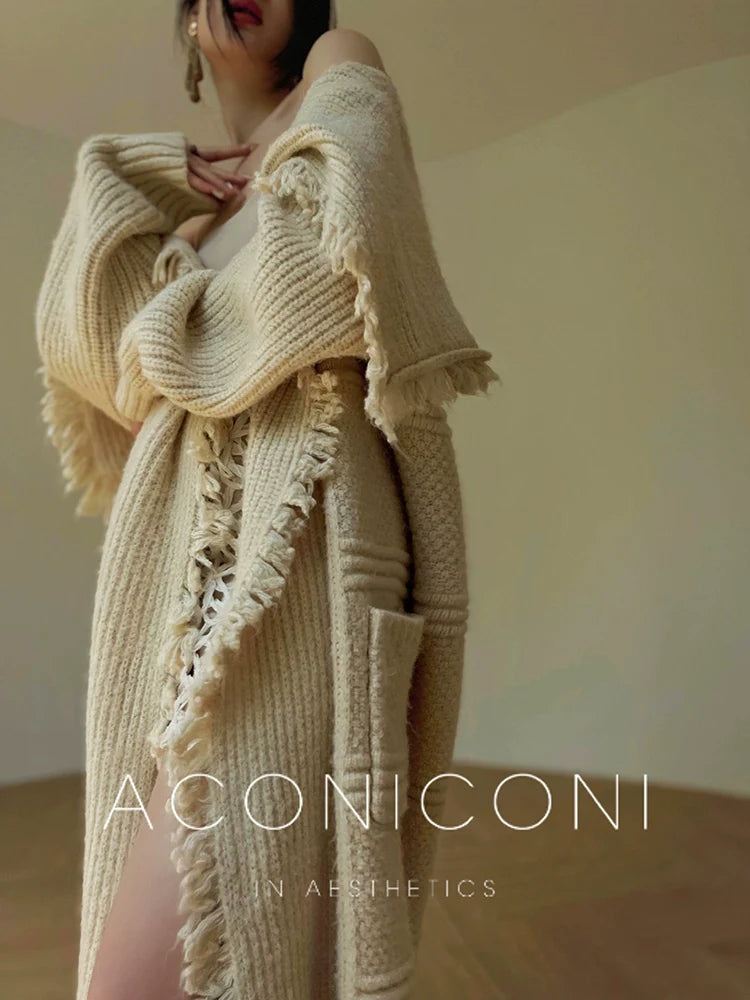 Aconiconi Boho Long Loose Knitted Sweater Tassel Jacket-Loose Tea Quinoa