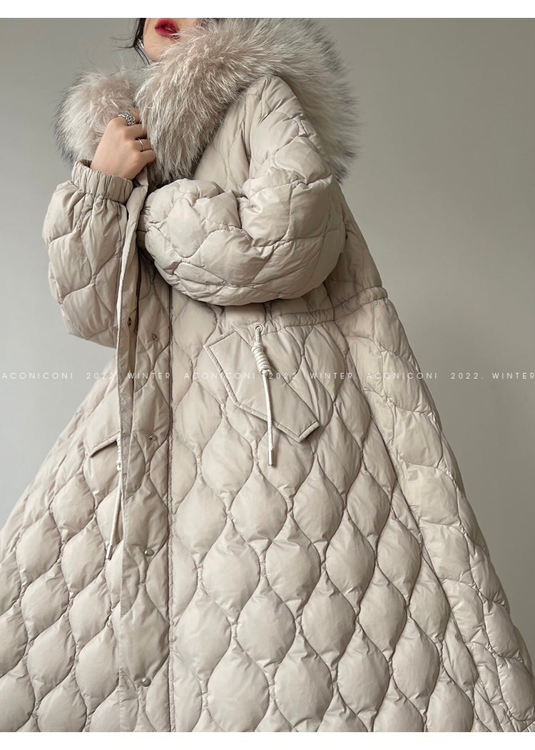 Aconiconi Elegant Duck Down Long Sleeve Hooded Long Fur Winter Coat -  He Xu Ling Hua