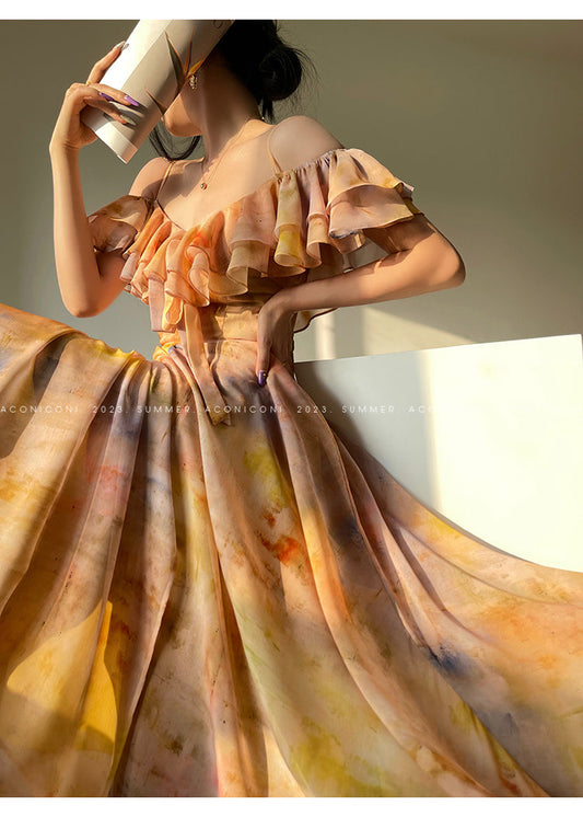 Aconiconi Elegant Oil Painting Square Collar Ruffle cocktail Dress- Floating Light Painting Summer