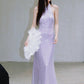 DOLLY Purple Chinese Style Hater Neck Button Sequin Long Wedding Guest Dress-Mama