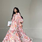 Aconiconi Elegant Floral french Print V-Neck Long Puff Sleeve Loose Waist vacation Dress - Flowery Love