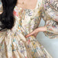 Aconiconi Elegant French Flower Print Puff Sleeve Loose Resort Dress-  Huatian Pear Cloud