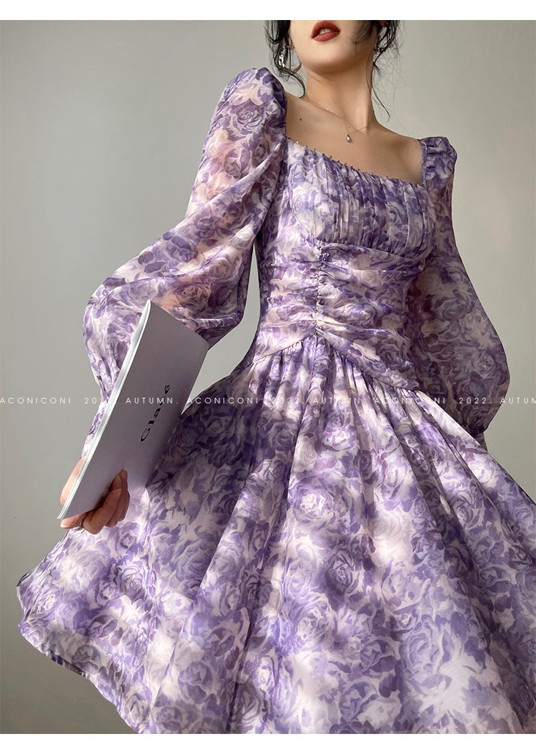 Aconiconi Square Collar Long Sleeve Tea Dress- Amethyst Water