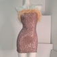 DOLLY Elegant Pink Off Shoulder Feather Sequin Tube Top Short Party Dress-AMELIA