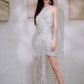 DOLLY High End White silver Glitter Deep V-Neck High Waist Long Party Dress-Xen