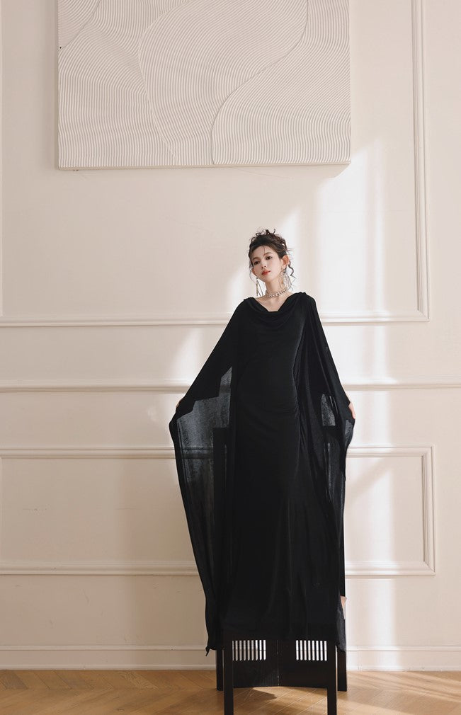 DOLLY Elegant Black Swing Collar Sleeveless Open Back Drape Dress-Kaka (V)