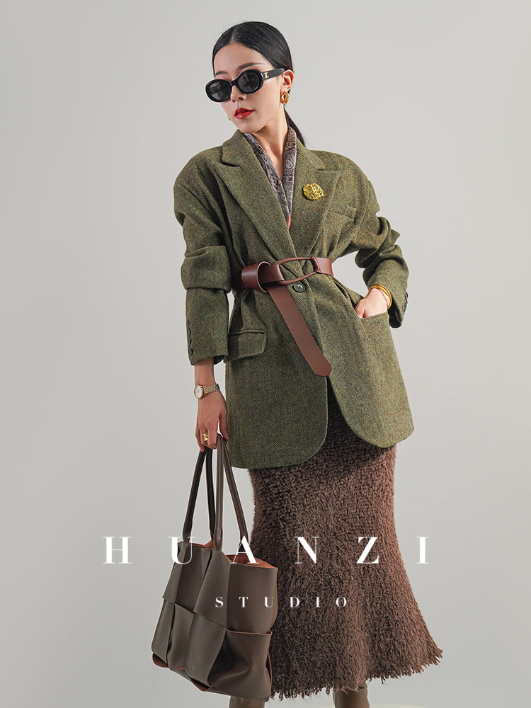 Huanzi high-end retro autumn and winter 100% wool waist suit jacket - Cassie