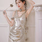DOLLY Elegant Retro Sliver Gold Deep V-Neck Sleeveless Flower Long Cocktail Dress- Nisa
