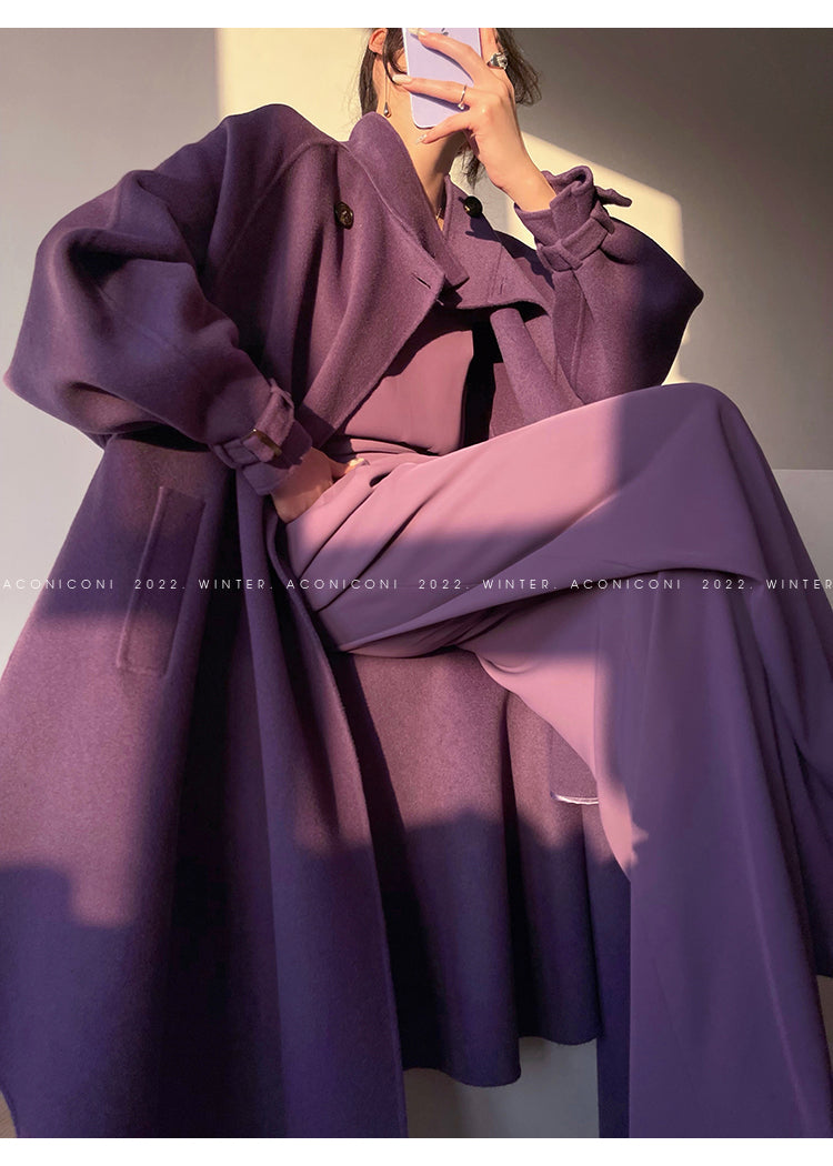 Aconiconi Autumn purple tan double-sided heavy wool cloak jacket long coat - Maple