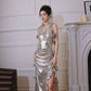 DOLLY Elegant Retro Sliver Gold Deep V-Neck Sleeveless Flower Long Cocktail Dress- Nisa