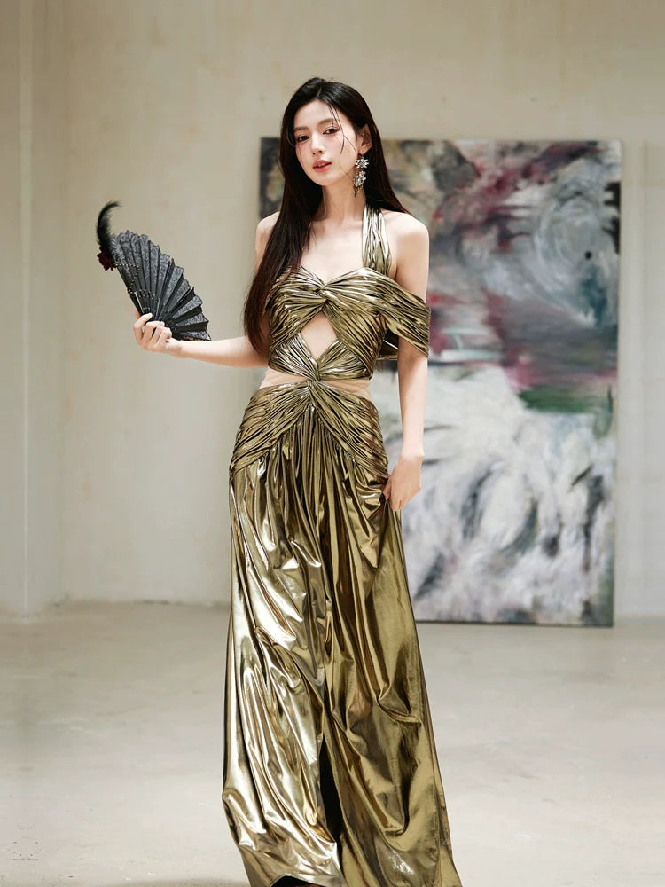 DOLLY Luxury Retro Gold Sleeveless Halter High Waist Long Slit Dress-Goldie