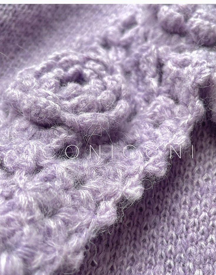 Aconiconi|Purple Flower Crochet openwork long cropped loose wool knit sweater  dress - Twilight