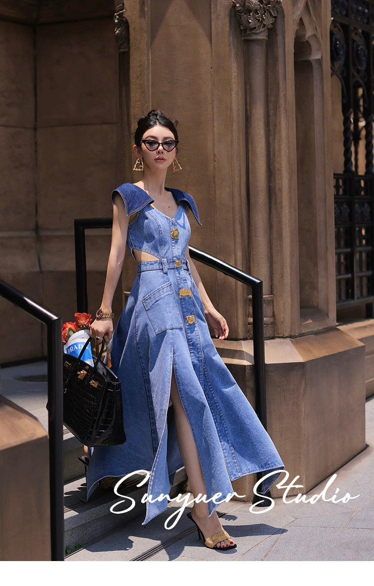 Elegant denim large lapel collar, cut-out waist summer slit long jean denim dress