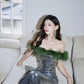 DOLLY Luxury Sliver Retro Style Green Feather Tube Top Long Glitter Party Dress-THEKLA