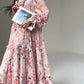 Aconiconi Elegant Floral french Print V-Neck Long Puff Sleeve Loose Waist vacation Dress - Flowery Love