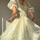 Aconiconi Luxury Off White floral print Puff Sleeve French cottaage bridal Dress- Yurui Chuning