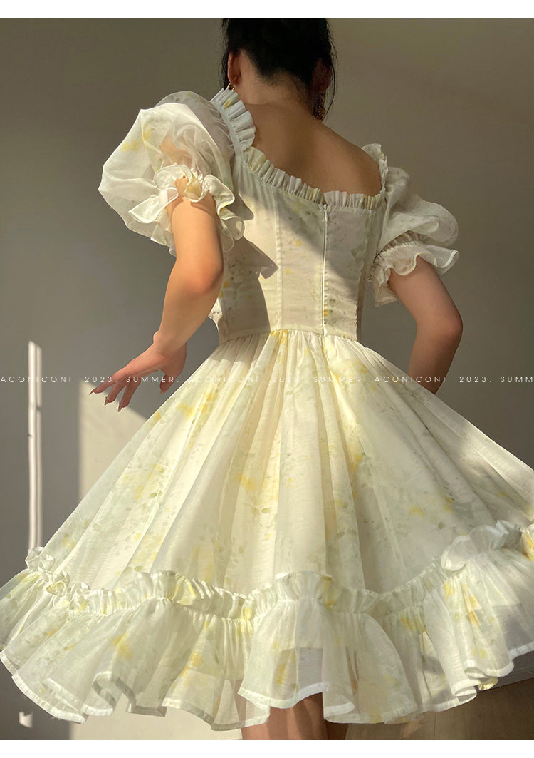 Aconiconi Luxury Off White floral print Puff Sleeve French cottaage bridal Dress- Yurui Chuning