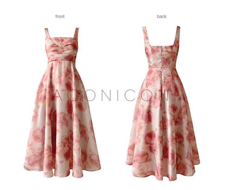 Aconiconi Luxury High End Sleeveless Slim Waist Floral Print High Waist Dress- Puala