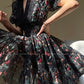 Aconiconi Elegant French Print Retro V-Neck Lace Tea Dress- Night Rose