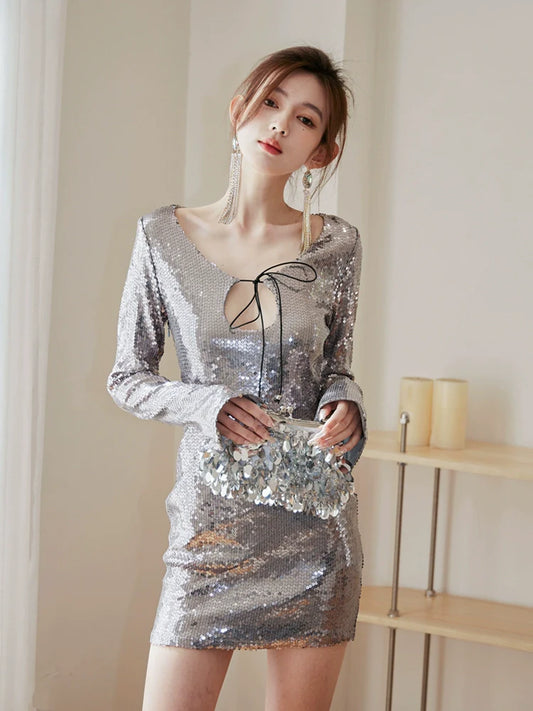 DOLLY High End Sliver Low Cut V-Neck Long Sleeve Short Sequin Birthday Dress-PIPPA