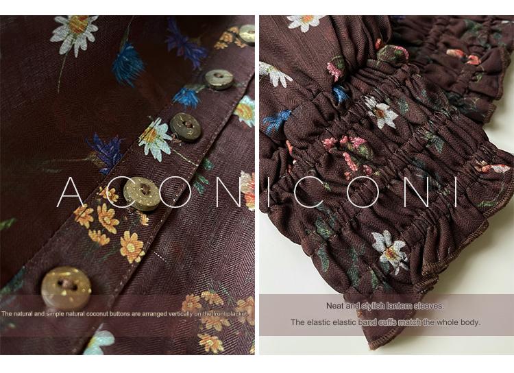 Aconiconi Autumn Floral print French A line brown cottage Dress- Samba Moon