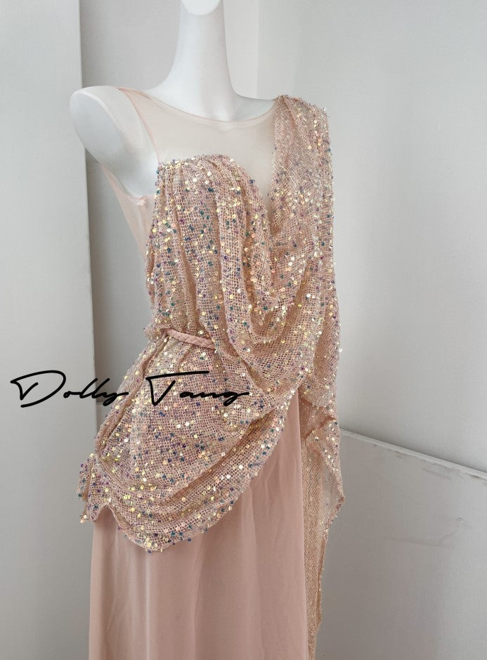 DOLLY Luxury Pink Greek Style Deep V-Neck Sleeveless draped Long Prom Dress-Ulaia