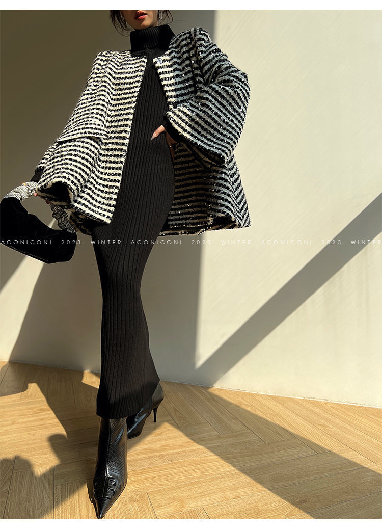 Aconiconi Elegant Black And White Stripe Long Sleeve Long Wool Coat- Quiet Night Flowing Light