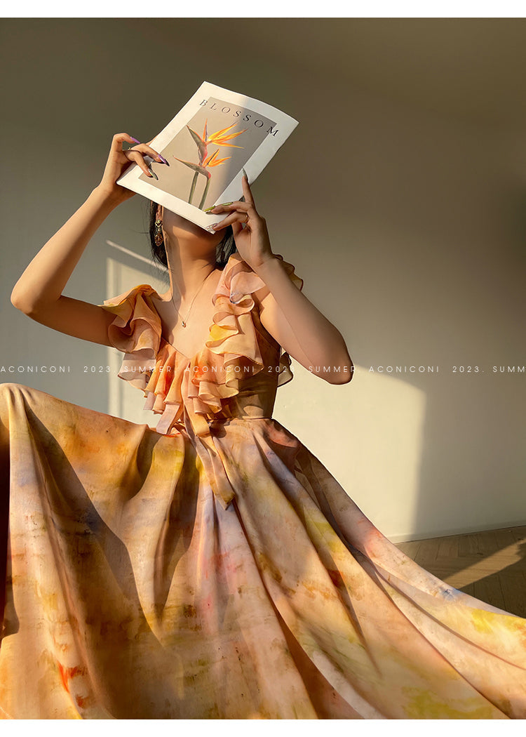 Aconiconi Elegant Oil Painting Square Collar Ruffle cocktail Dress- Floating Light Painting Summer